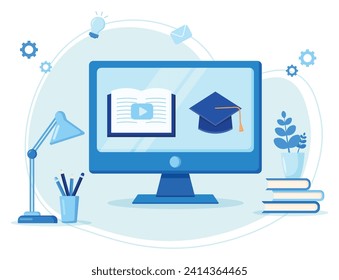 Online classes concept on monitor screen for e-learning course, webinar and online education on desktop, vector flat illustration