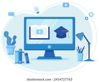 Online classes concept on monitor screen for e-learning course, webinar and online education on desktop, vector flat illustration