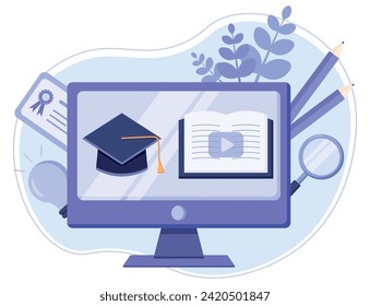 Online classes concept on monitor screen for e-learning course, webinar and online education on desktop, vector flat illustration