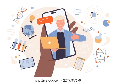 Online classes or courses, tutorials mobile app vector illustration. Cartoon hand of learning student holding phone with teacher or professor on screen, man holding laptop and showing thumbs up