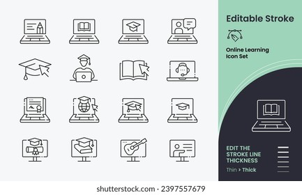 Online Classes and Education Icon collection containing 16 editable stroke icons. Perfect for logos, stats and infographics. Edit the thickness of the line in any vector capable app.