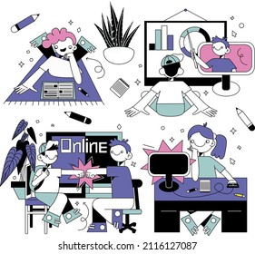 online classes, educational web seminar, a set of icons for distant teaching. Webinar, digital class, metaphors of online learning. Vector isolated doodle-style illustrations
