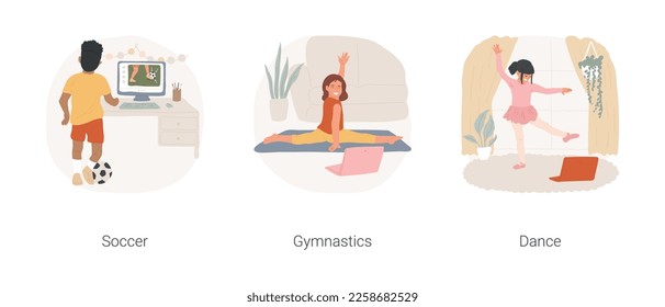 Online classes isolated cartoon vector illustration set. Watch online soccer lesson, exercise at home, gymnastics virtual class, dancing watching video, girl dancing with video vector cartoon.