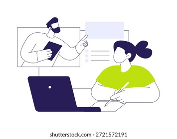 Aulas online isolaram ilustrações vetoriais de desenhos animados. Professora conduz aula on-line durante a pandemia do coronavírus, menina fazendo anotações, processo educacional moderno, desenho animado vetorial da vida do aluno.
