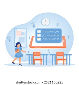 Clases en línea para jardín de infantes. Niños estudiantes estudiando en línea en la pantalla del teléfono. Concepto de Educación en línea. Ilustración vectorial plana.