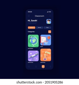 Online classes night mode smartphone interface vector template. Distance learning. Service for students. Mobile app page design layout. Remote education screen. Flat UI for application. Phone display