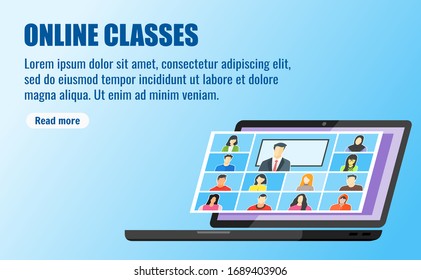 Online Classes Post Story Notice Infographic Template. Stay School Learn Study from Home via Teleconference or Web Video Conference Call Display Screen TV. Emergency School, College & Course Closure