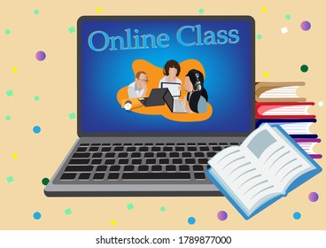 Online classes using computer screen for learning from digital at home,  laptops and books. Distance education concept. Vector Illustration