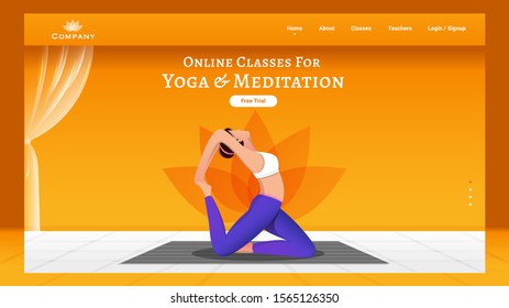 Online Classes for Yoga & Meditation landing page design with faceless woman doing exercise in pirai asana pose.