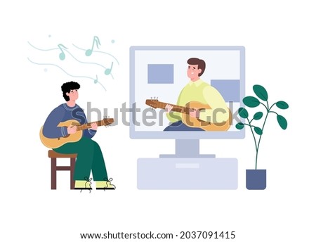 Online classic guitar learning concept with cartoon characters, flat vector illustration isolated on white background. Distance learning to play musical instruments.