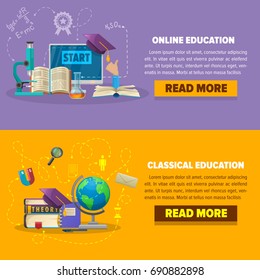 Online and classical education concept with relations between things. Template for online education course. Flat vector design banner. Vector illustration.