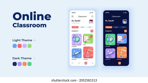 Online classroom cartoon smartphone interface vector templates set. Remote learning. Mobile app screen page day and dark mode design. School UI for application. Phone display with flat character