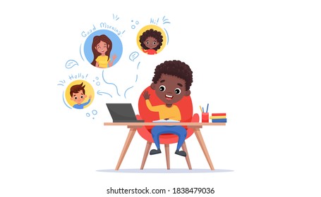 Online Classroom Learning or education. E-learning and social distance concept. Afro-american black boy sits at table and looks at teacher and classmates on screen. Vector flat cartoon illustration