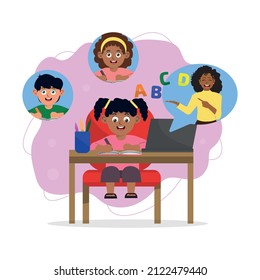 Online Classroom Learning or education. E-learning and social distance concept, illustration of a beautiful little girl studying at home