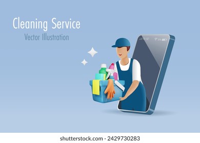 Online cleaning service and housekeeping. Maid holding cleaning bucket on smartphone for home sanitary. 3D vector created from graphic software.