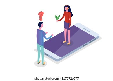 Online Client, Customer service isometric concept.  Hotline operator. Support 24/7. Vector illustration.