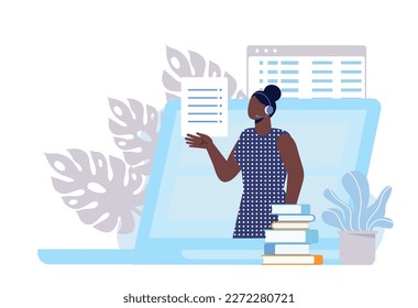 Online client support concept. Woman in headphones on screen of laptop. Feedback and answers to questions. Hotline and call center. Telemarketing communication. Cartoon flat vector illustration