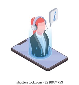 Online client support service isometric icon with smartphone and female worker wearing headset 3d vector illustration