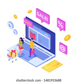 Online clothes  shopping, e-commerce sales, digital marketing.  Isometric vector illustration