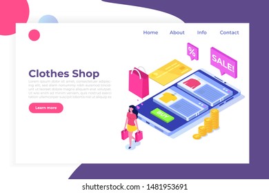 Online clothes  shopping, e-commerce sales, digital marketing.  Isometric vector illustration