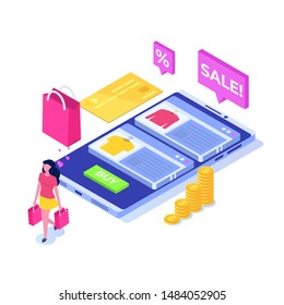 Online clothes  shopping, e-commerce sales, digital marketing.  Isometric vector illustration