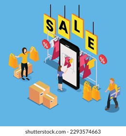 Online clothes shopping on application 3d isometric vector illustration concept for banner, website, landing page, ads, flyer template