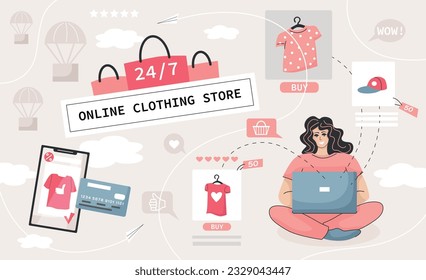 Online clothes store collage with internet payment symbols flat vector illustration