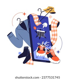 Concepto de tienda de ropa en línea. Aplicación Ecommerce en smartphone, mercado digital, mercado de ropa en teléfono. Compras por Internet, aplicación de entrega. Ilustración vectorial aislada plana sobre fondo blanco