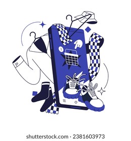 Online clothing store concept. Internet shopping, delivery service. Apparel marketplace, eCommerce app in phone, digital market in smartphone. Monochrome flat isolated vector illustration on white