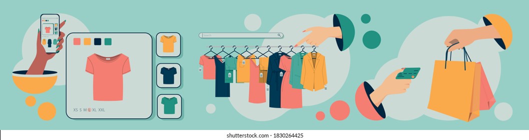 Online clothing store with easy search, choice of color and size. Concept of online shopping with phone or other gadgets.flat design style