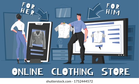Online clothing store flat composition with for him and for her stores vector illustration