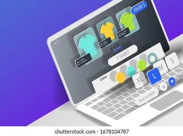 Online clothing store interface in space on a laptop screen. Vector banner