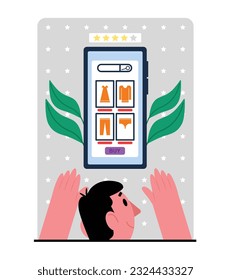 Online clothing store with product rating. Male character chooses clothes in app on his phone. Finding best model. Sorting purchases by category. Comparison of goods on Internet