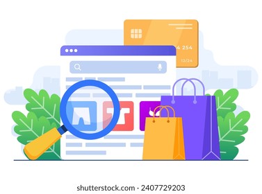 Sitio web de la tienda de ropa en línea en el navegador web sobre la plantilla de la ilustración plana del vector portátil, Ropa en el catálogo de e-shop, compras en línea, venta por Internet, comercio electrónico, tienda de moda minorista, Marketplace ap