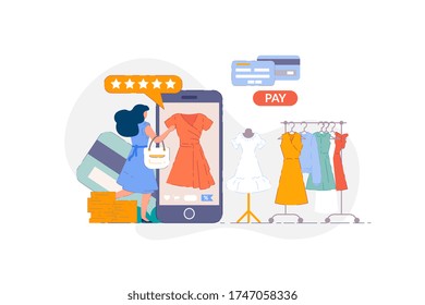 Online clothing store. Woman shopping on smartphone mobile application and paying for casual dress clothes purchase with credit card. Customer choosing clothing in online store