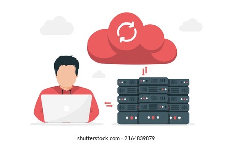 Online Cloud computing. Data Center. Web hosting service. Database for documents and file. Cloud storage. Upload and download data, file management. Data transfering, backup. Vector illustration