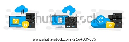 Online Cloud computing. Data Center. Web hosting service. Database for documents and file. Cloud storage. Upload and download data, file management. Data transfering, backup. Vector illustration