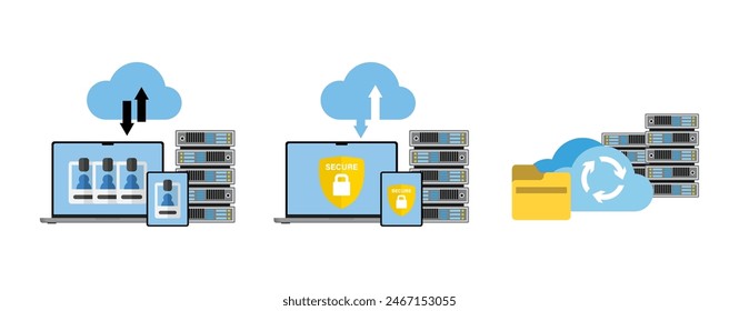 Online Cloud Computing: Server, Datenspeicherung, Web-Hosting. Datenbankdokumente und -datei Hochladen zu Cloud Storage. Hochladene und Herunterladene Daten, Dateiverwaltungskonzept. Datenübertragung, Sicherung. Vektorgrafik.