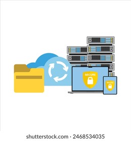 Online Cloud Computing: Server, Datenspeicherung, Web-Hosting. Datenbankdokumente und -datei Hochladen zu Cloud Storage. Hochladene und Herunterladene Daten, Dateiverwaltungskonzept. Datenübertragung, Sicherung. Vektorgrafik.