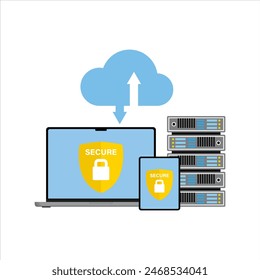 Online Cloud Computing: Server, Datenspeicherung, Web-Hosting. Datenbankdokumente und -datei Hochladen zu Cloud Storage. Hochladene und Herunterladene Daten, Dateiverwaltungskonzept. Datenübertragung, Sicherung. Vektorgrafik.