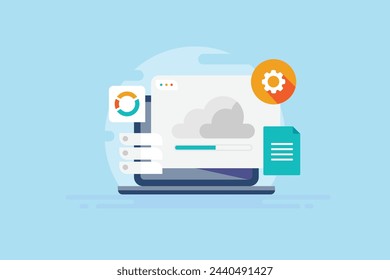 Online cloud storage, Uploading documents to secure cloud server, using cloud storage for data security, Cloud storage usage - vector illustration with icons