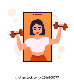 Online coach banner - female personal fitness trainer coming out of smartphone screen holding gym equipment. Woman in exercise program website - flat isolated vector illustration.