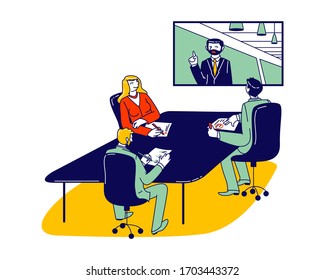 Online Coach Character on Tv Screen Conducting Business Presentation, Webinar, Lecture or Economic Seminar. Video Conference Distant Learning and Skill Improvement. Linear People Vector Illustration