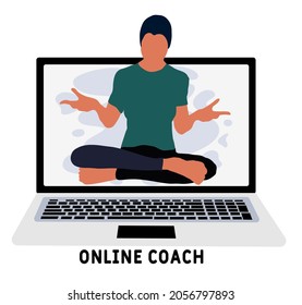 Online coach  - female personal yoga trainer coming out of laptop screen holding. Woman in exercise program website - flat isolated.  Vector illustration of virtual coach.