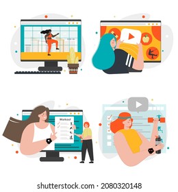 Online coach, fitness trainer, vector illustration. Healthy diet plan, home workout, training. Video blog. Weight loss.