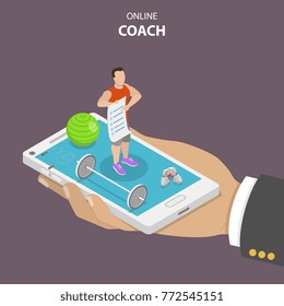 Online-Reisebus flach isometrischen Vektorkonzept. Hand hält ein Smartphone mit einem Fitnesslehrer darauf, das von Sportgeräten umgeben ist. Der Lehrer hält in der Hand ein Trainingsprogramm.