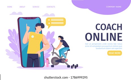 Online coach training landing page template vector illustration. Smartphone with fitness instructor, sport requisites. Online coach program and sportive young man training on exercise bike.