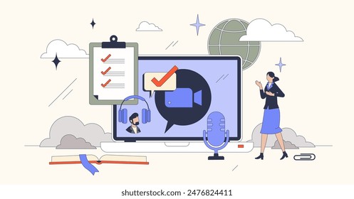 Online coaching and distant mentoring tiny person neubrutalism concept. Tutor course streaming using videocall or online meeting app vector illustration. Life coach for motivation and inspiration.