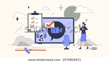 Online coaching and distant mentoring tiny person neubrutalism concept. Tutor course streaming using videocall or online meeting app vector illustration. Life coach for motivation and inspiration.