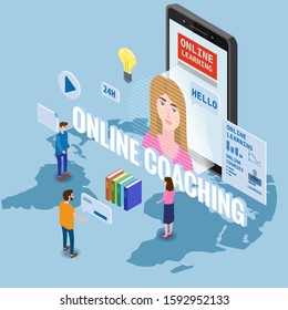 Online coaching education training, workshops and courses. Flat 3d isometric design. Students studying, with smartphone, pile of books icon set and mentor masterclass. Vector illustration isolated